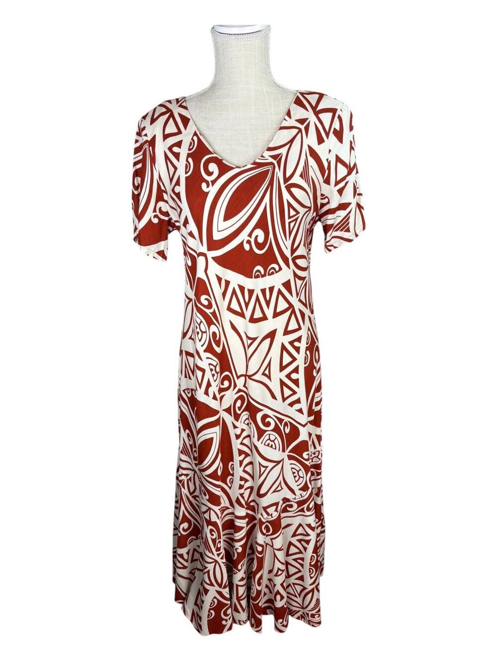 Vintage Hilo Hattie Hawaiian Maxi Dress Women's Large Tribal Print Made In USA